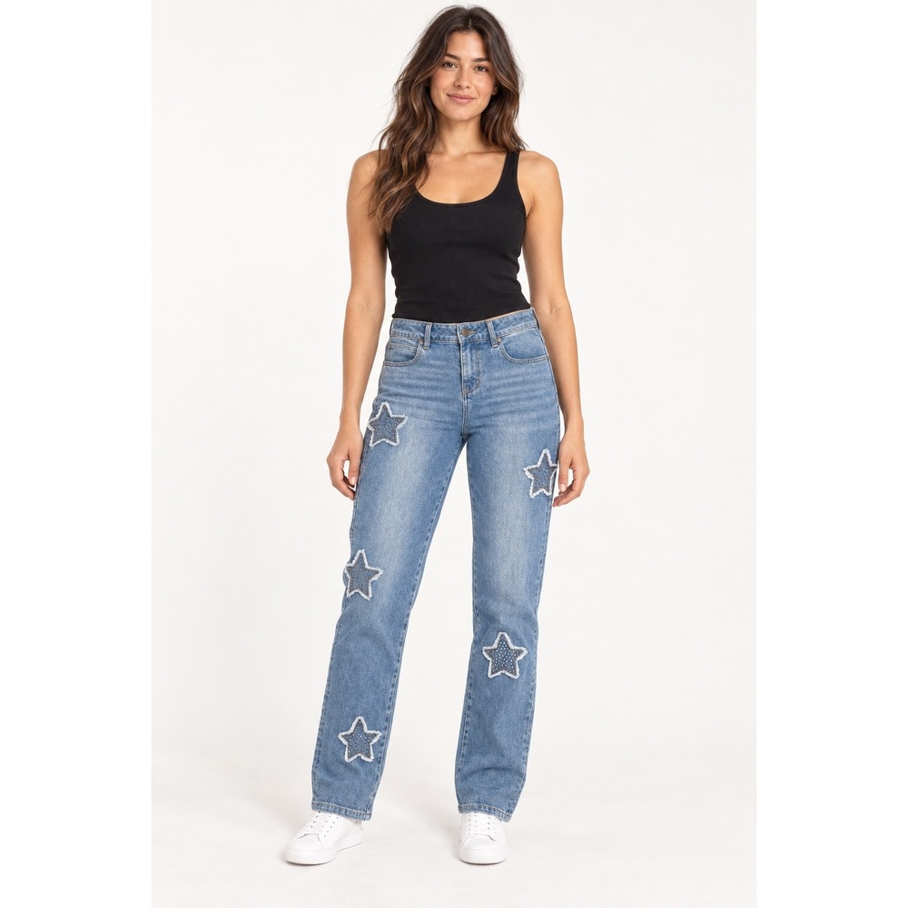Women Jeans Star Patch Y2K Straight Leg Carpenter Blue Est. 1946 Denim